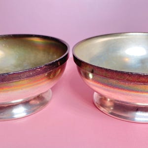 May include: Two silver-colored bowls with a pedestal base. The bowls have an oval shape with a wide rim and a metallic sheen. The rims have a dark purple hue. The bowls are displayed on a pink background.