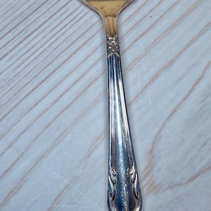 May include: Silver slotted spoon with a decorative handle. The spoon's bowl has a floral design with cut-out shapes. The handle features ornate detailing. A kitchen utensil for serving.