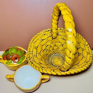 Handmade Vintage Porcelain/Pottery Basket w/ Creamer, Sugar Bowl Set