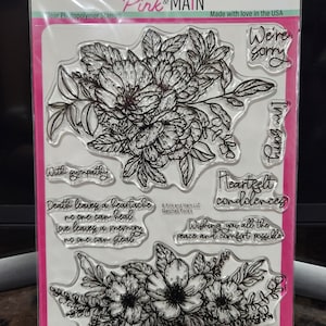 Conjunto de carimbos de fotopolímero transparentes com desenhos florais rosa e principal