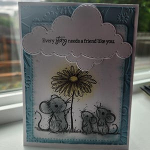 Handgemaakte, handgestempelde vriendschapskaart voor alle gelegenheden, muis, muizen, bloemen