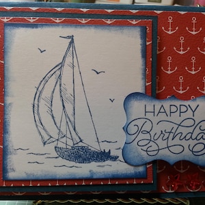 Carte d’anniversaire de bonheur faite à la main, pour lui, pour elle, bateau à voile, océan