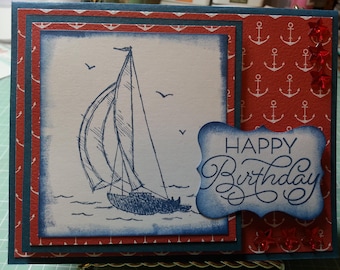 Handmade Happy Birthday Card, For Him, For Her, Sail Boat, Ocean