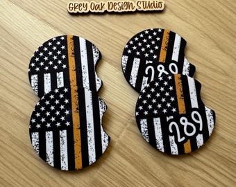 Personalized Thin Gold Line Flag Car Coasters, Badge Number Thin Line Flag, 911 Dispatcher Week, Emergency Dispatcher Gifts, Dispatch