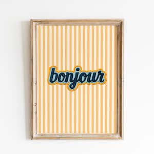 Bonjour Sign , Bonjour Yellow Stripes Wall Art , French words, Midcentury Typography, Bonjour Art Print Dining room decor