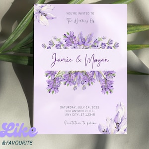 Modèle d’Invitation de Mariage Florale Violet Modifiable – Design Lavande & Verdure, Invitation Canva Imprimable pour Mariages Élégants