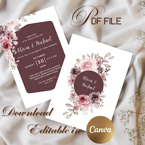 Modèle d’Invitation de Mariage Florale Violet Modifiable – Design Lavande & Verdure, Invitation Canva Imprimable pour Mariages Élégants