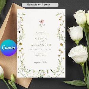Modèle d'Invitation de Mariage Aquarelle Florale Élégante | Invitation Minimaliste à Imprimer | Style Bohème Jardin | Canva Éditable