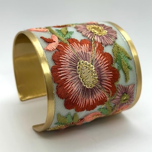 Embroidered Floral Wide Cuff Bracelet, Adjustable Gold-Tone