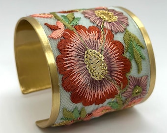 Floral Embroidered Fabric Wide Cuff Bracelet with Gold-Tone Stainless Steel