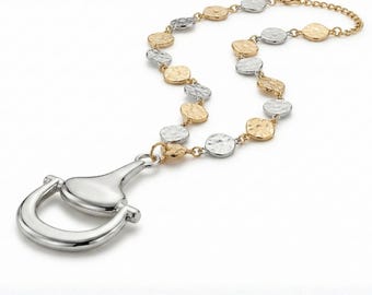 Mixed Metal Equestrian Necklace, Silver and Gold Stainless Steel Horsebit Pendant
