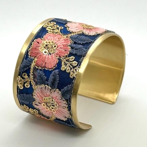Navy Blue Floral Embroidered Cuff Bracelet with Gold-Tone Trim