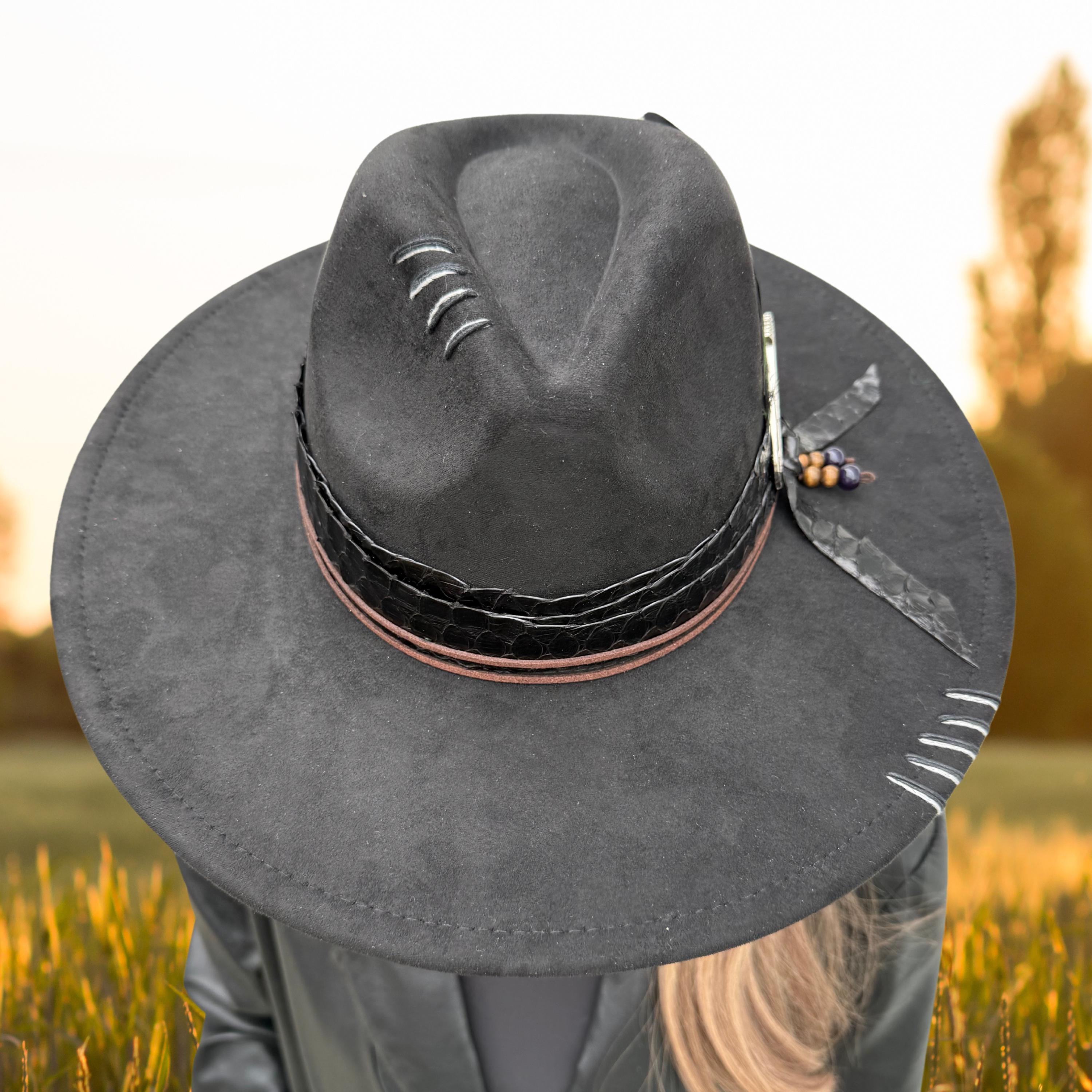 Custom Black Fedora Hat, Wide Brim Ultra Suede, Snakeskin  display picture 2