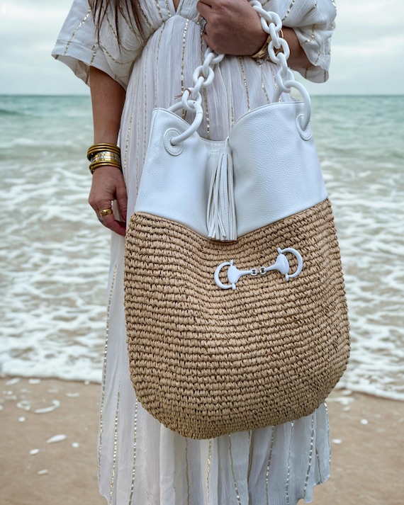 Coastal Chic Straw Tote with Faux White Leather, Chunky Chanin Strap & Horse Bit Detail