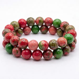 Ruby Zoisite Beaded Bracelet Green and Pink Gemstone Stretch Band 8mm Round Beads