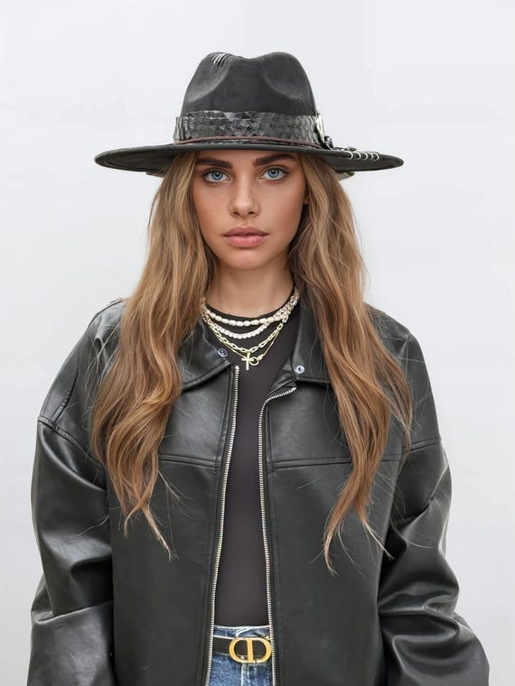Black Vegan Leather Braided Chain Band Fedora Hat The Renaissance – Black Vegan Suede Cordobés Hat with Gold  main image 3