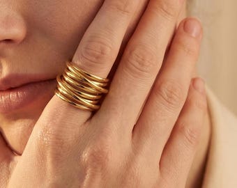 14K Gold Plated Wide Multi-Layer Band Ring, Waterproof Non-Tarnish Sculptural Ring