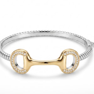 14K Gold Plated Stainless Steel Horsebit Cuff Bracelet with Cubic Zirconium