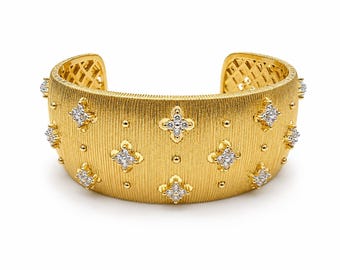 18K Gold-Plated Brushed Cuff Bangle with Inlaid CZ Crystal Flowers