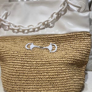 K&ouml;nnte beinhalten: Zweifarbige Tragetasche mit gewebtem Strohboden und wei&szlig;em Kunstleder-Oberteil. Die Tasche hat einen wei&szlig;en Kettenhenkel und einen dekorativen wei&szlig;en Verschluss. Die Tasche ist zum Tragen von Gegenst&auml;nden konzipiert.