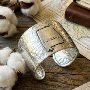 Alabama State Cuff Bracelet, Wide Hammered Silver Tone, Rustic Stamped Map Jewelry