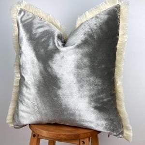 Silver Grey Velvet Pillow Cover 20x20 Glossy Iridescent Throw Cushion with Fringe Accent