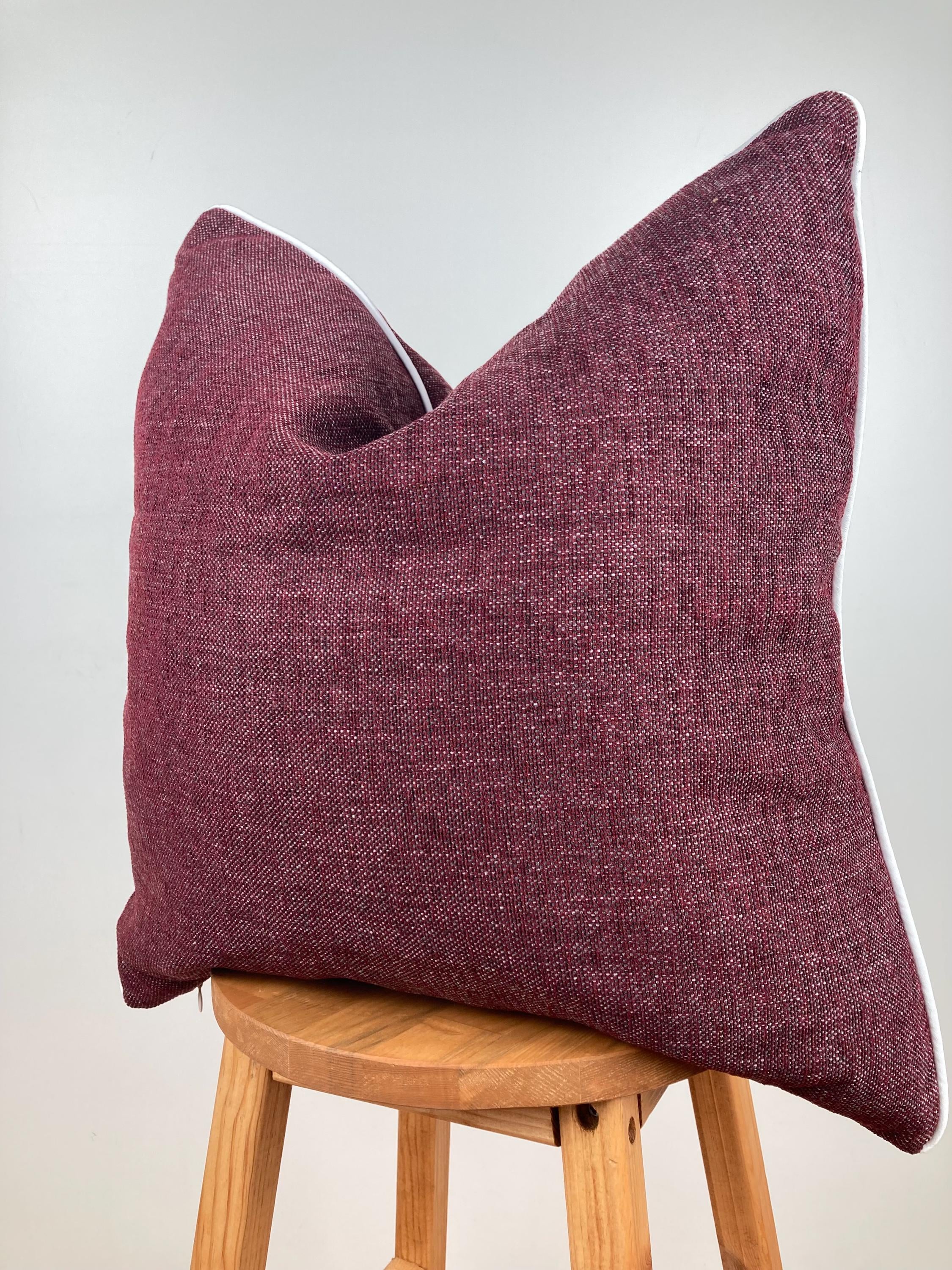 Burgundy Linen Pillowcase Thick Soft Throw Pillow with White Piping