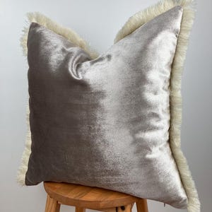 Taupe Velvet Cushion Cover Luxury 20x20 Throw Pillow with Cream Fringe,Modern Sofa Decor