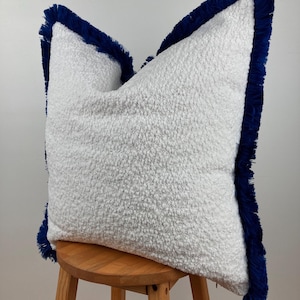 White Boucle Pillow Cover With Navy Fringe Textured Soft Cushion,Handmade Euro Sham,Cozy Boho Decor,Bouclé Throw Pillow,Mom Day Gift