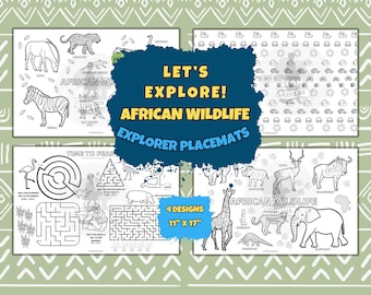 Let's Go Explore Tischsets | Afrikanische Tierwelt | Mal- und Labyrinthspiele | 4 einzigartige Designs
