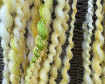 Hand Spun Art Yarn: Bulky Yellow-Green Merino Mohair, 28 Yards
