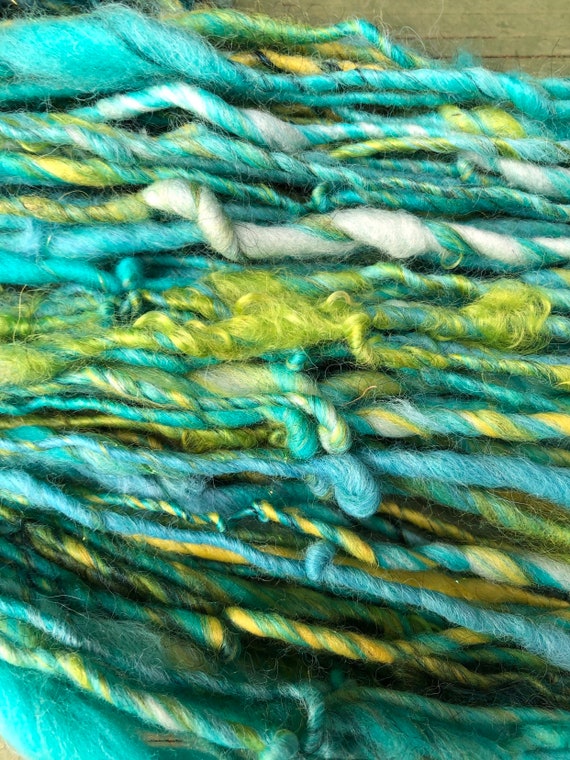 Super Bulky Handspun Yarn From A Distance 90 yards hand dyed wool blue yarn green yarn waldorf doll hair knitting supplies crochet supplies