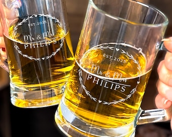 Wedding Beer Glass with Handle: Engraved Mr and Mrs Beer Mug, Personalized Groom Gift