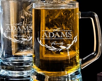 Engraved Family Name Beer Glasses, Wedding Beer Mug with Handle, Custom Christmas Hosting Gift