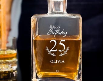 25th Birthday Gift, Engraved Whiskey Decanter Set with Wood Box