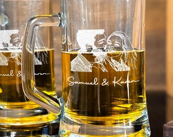 Couple Photo Engraved Beer Glass with Handle: Anniversary Husband Gifts, Personalized Barware Gift for Him