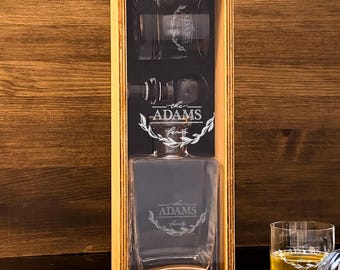 Engraved Whiskey Decanter Set: Personalized Anniversary Gift, Wood Box