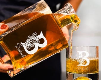 Floral Engraved Mom Decanter Set, Personalized Whiskey Glasses