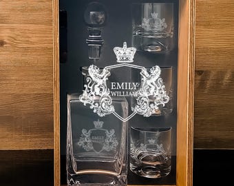 Engraved Whiskey Decanter Set: Bourbon Glasses, Wood Gift Box