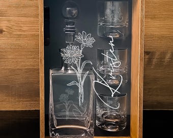 Flower Engraved Whiskey Decanter Set, Personalized Bourbon Glasses, Wood Gift Box