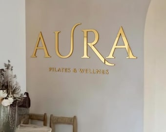 Gold Acrylic Business Sign, Custom Mirror Company Logo Wall Decor (Pilates Studio, Clinic, Salon)