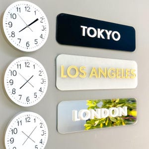 May include: Three white analog clocks with black hands and numerals are displayed alongside three rectangular signs. The signs read "TOKYO", "LOS ANGELES", and "LONDON". The "TOKYO" sign is black with white lettering.