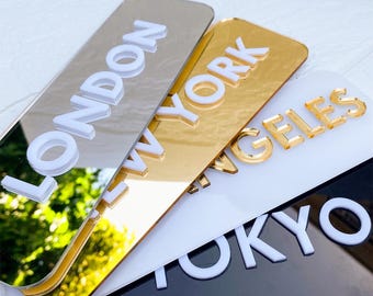 Custom City Name Clock Sign: Gold Mirror World Time Zone Plaque