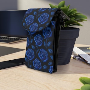 Elegantes Handy Portemonnaie mit Blauer Rose, Blumenmuster, Kleine Kartenhalter, Taschenorganizer, Geschenk für Sie