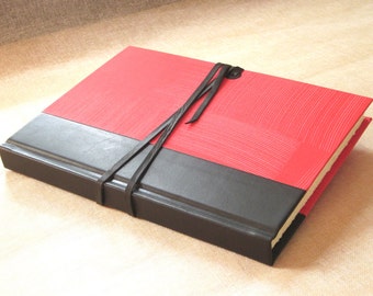 Leather Journal Sketchbook with Black Spine and Red Pastepaper