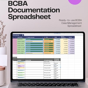 May include: A laptop displaying a BCBA Documentation Spreadsheet. The screen shows a spreadsheet with data tables and the text "Ready-to-use BCBA Case Management Spreadsheet". The image also includes the text "Completely Customizable".