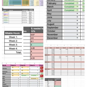 May include: Spreadsheet data with columns for months, therapists, and client information. Data includes billable hours, percentages, and completion statuses. The spreadsheet is organized with rows for each month, from January to December.