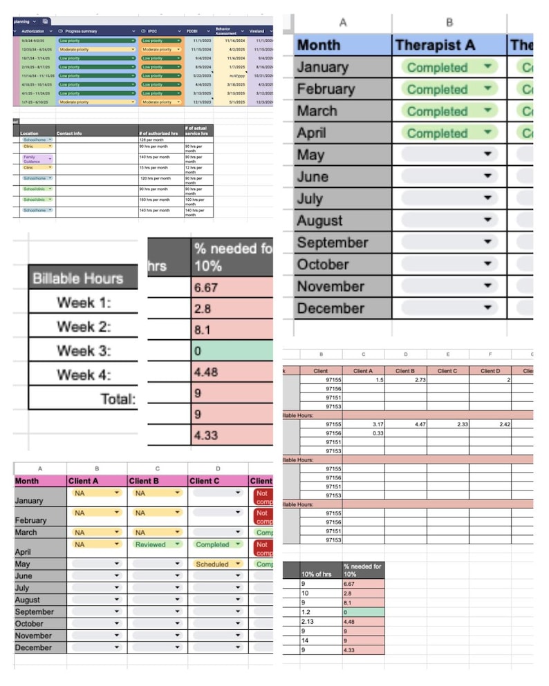 May include: Spreadsheet data with columns for months, therapists, and client information. Data includes billable hours, percentages, and completion statuses. The spreadsheet is organized with rows for each month, from January to December.