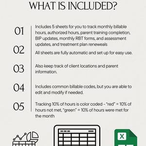 May include: A digital planner with the text "WHAT IS INCLUDED?" lists features such as tracking billable hours, client locations, and common billable codes. Includes a spreadsheet icon, a computer monitor icon, and a green document icon.
