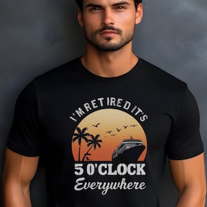 Retirement Sunset T-Shirt Design | 5 O&#39;Clock Everywhere with Cruise Ship | Tropical Beach Vacation SVG & PNG Files